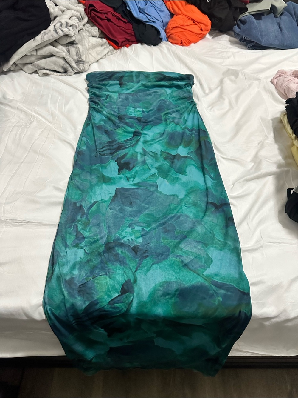 Strapless Teal-Green Abstract Maxi Dress